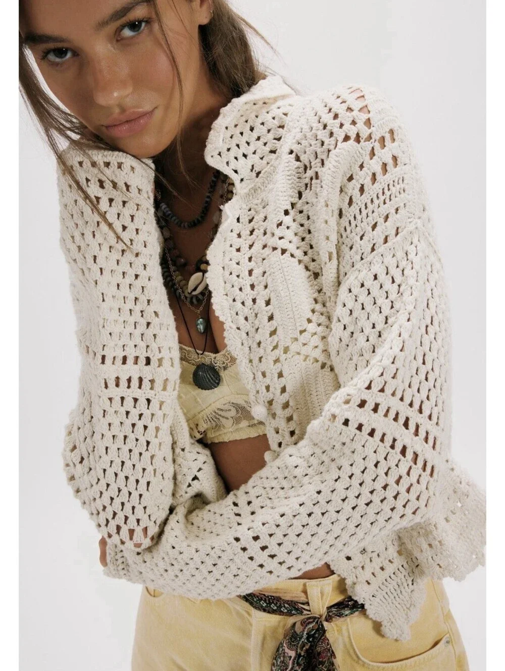 FREE PEOPLE We The Free Friend Of A Friend Cardigan Sweater Ivory Crochet Sz L